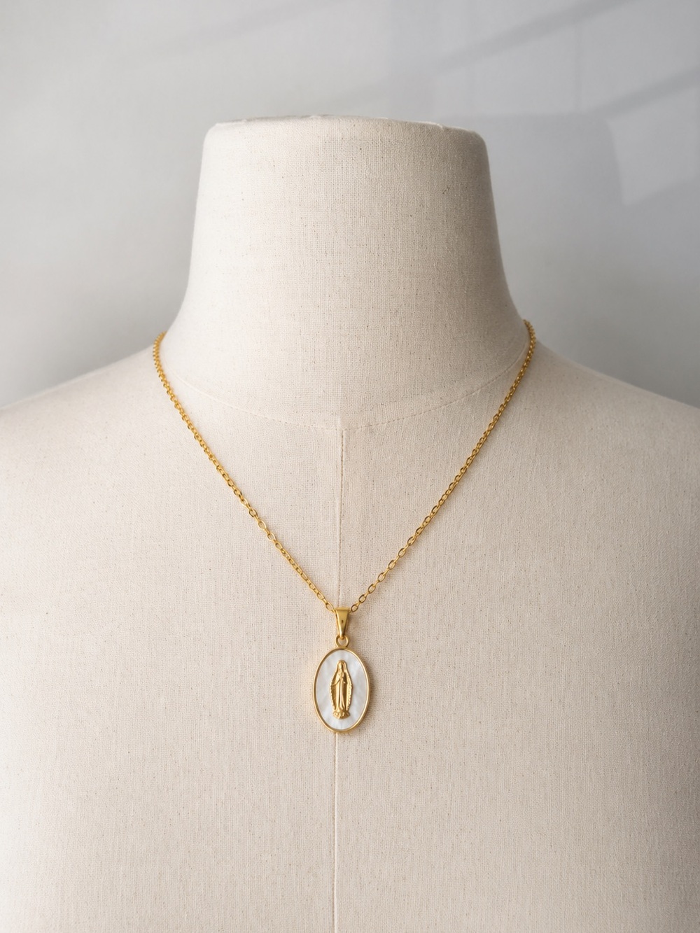 Gold-Tone Oval Mother Mary Pendant Necklace with White Inlay